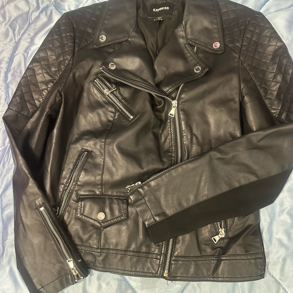 Express Black Leather Jacket with Quilted Details